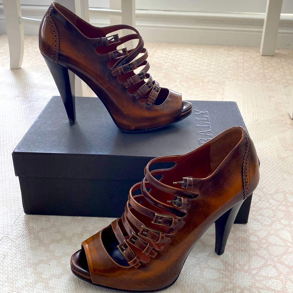 Bally multi-strap open toed heels in cognac leather